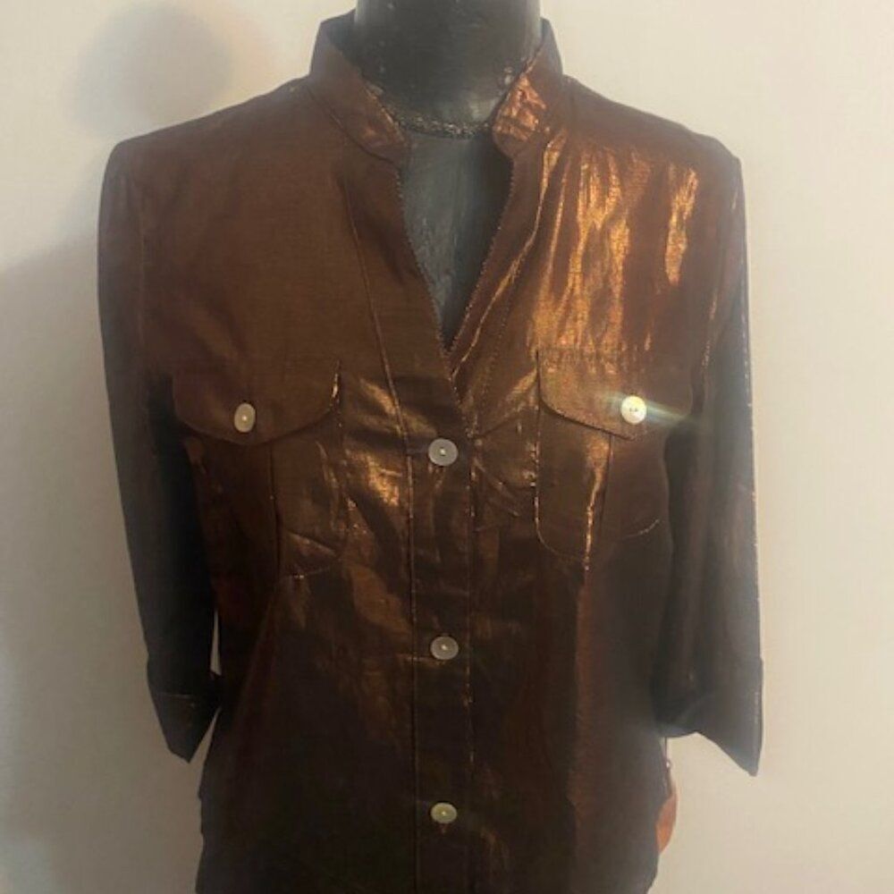Ruby Rd Glitterati Gold split neck button down roll tab sleeves shirt, size 12P